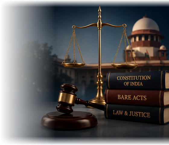 Scales of justice, gavel, the Supreme Court of India and books titled Constitution of India, Bare Acts and Law & Justice